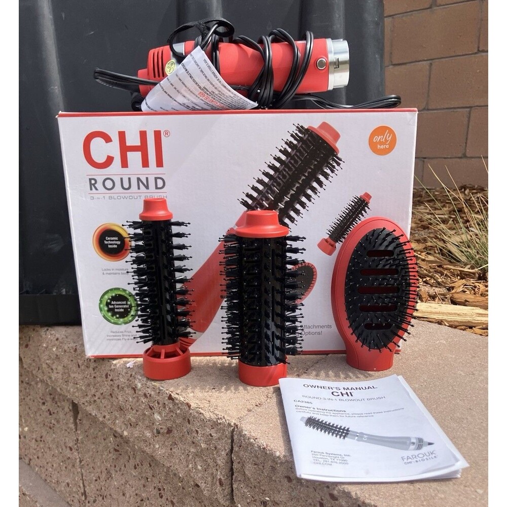 CHI Round 2-in-1 Blowout Brush Hair Dryer Styler 3 Attachments Red Tested